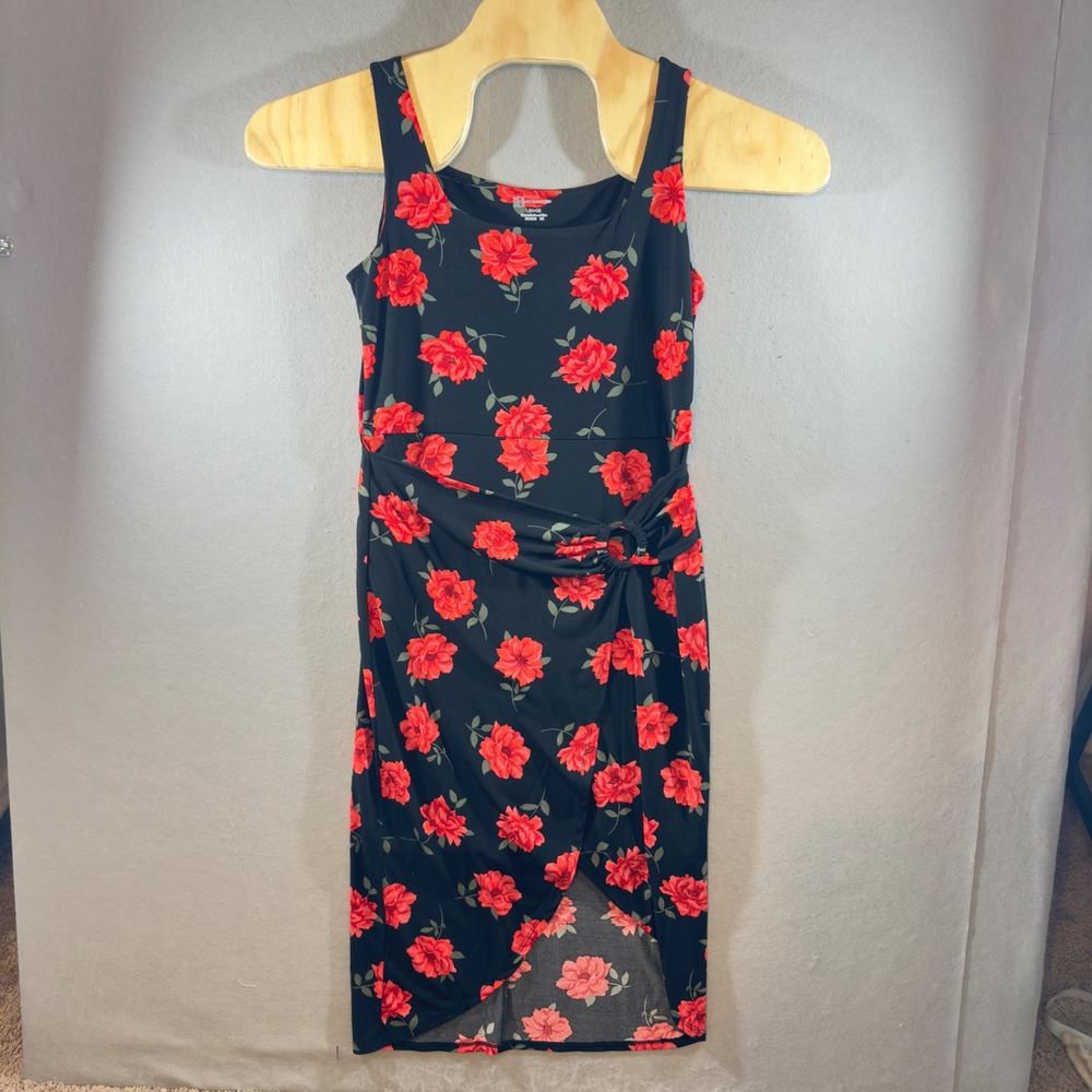 620 | No Boundaries Floral Faux Wrap Midi Dress Black Red Roses Juniors L